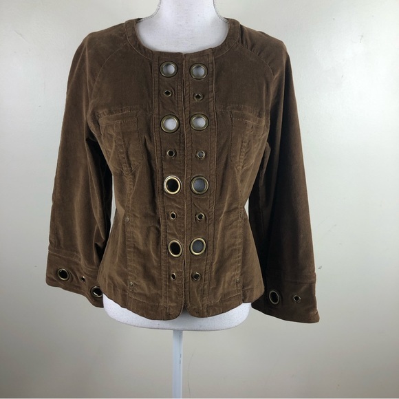 LAL LIVE A LITTLE WOMEN BROWN CORDUROY WIDE SLEEVE GROMMETS HOOK & EYE JACKET - Picture 2 of 7
